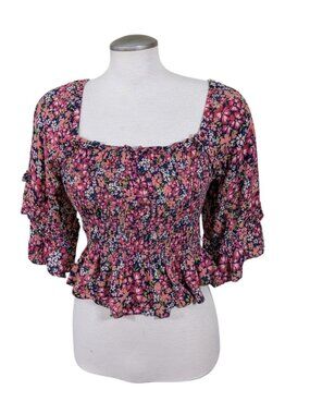 Patrons of Peace Smocked Peplum Top Womens Medium Pink Floral Boho Coquette